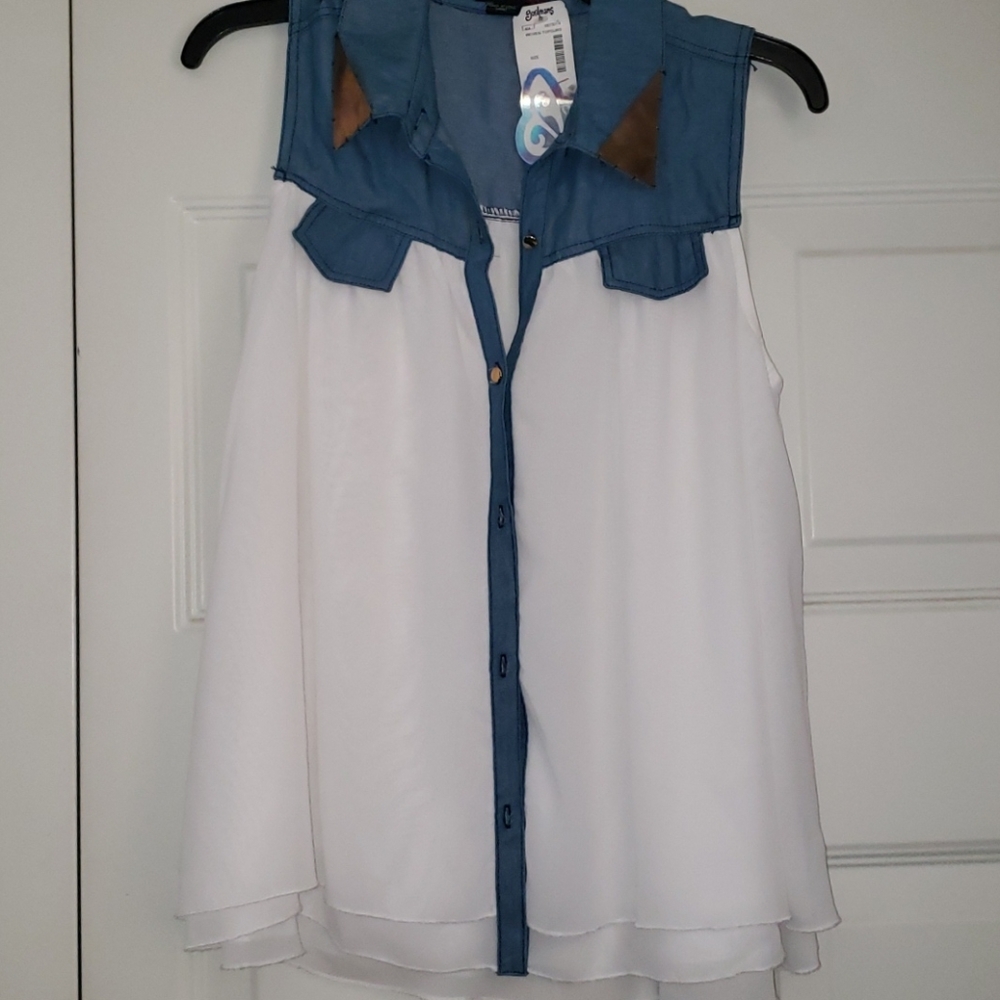 Denim sheer top with gold accents